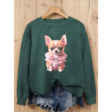 Mặc trang trí xù màu hồng Họa tiết Chihuahua với trang trí hình trái tim Áo len giả cổ tròn in hình, Áo len nữ mùa thu đông, Áo len nữ thần bán chạy phong cách mới, Trang phục thời trang thông thường 