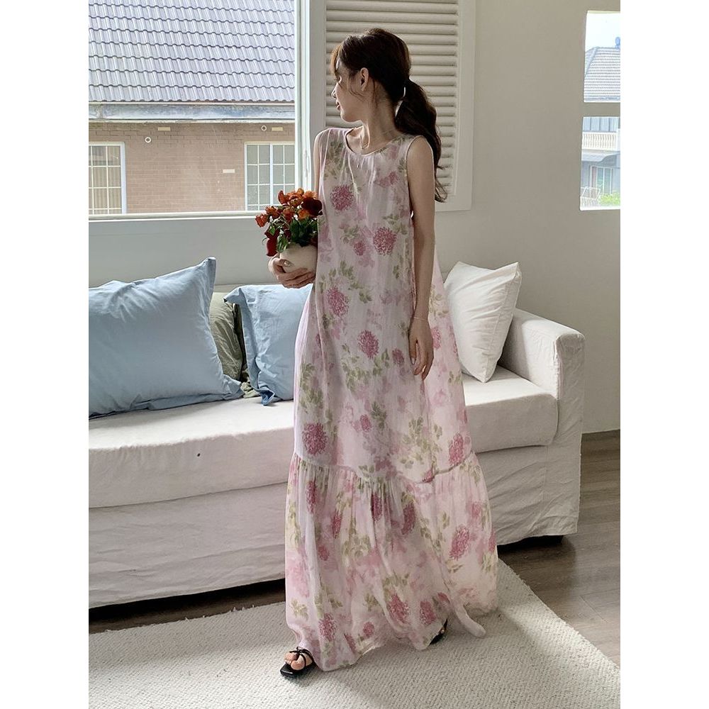 Váy vest ngủ hoa nhỏ màu hồng, lụa cotton mát mẻ, phù hợp mùa hè