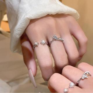 Nhẫn bướm zircon ngọc trai có thể điều chỉnh, thiết kế nhiều lớp, phong cách đơn giản sang trọng
