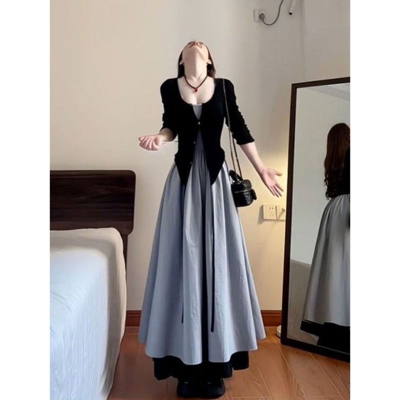 Mùa Thu Đầm Liền Cardigan Tay Dài Phong Cách Hàn Quốc Cao Cấp