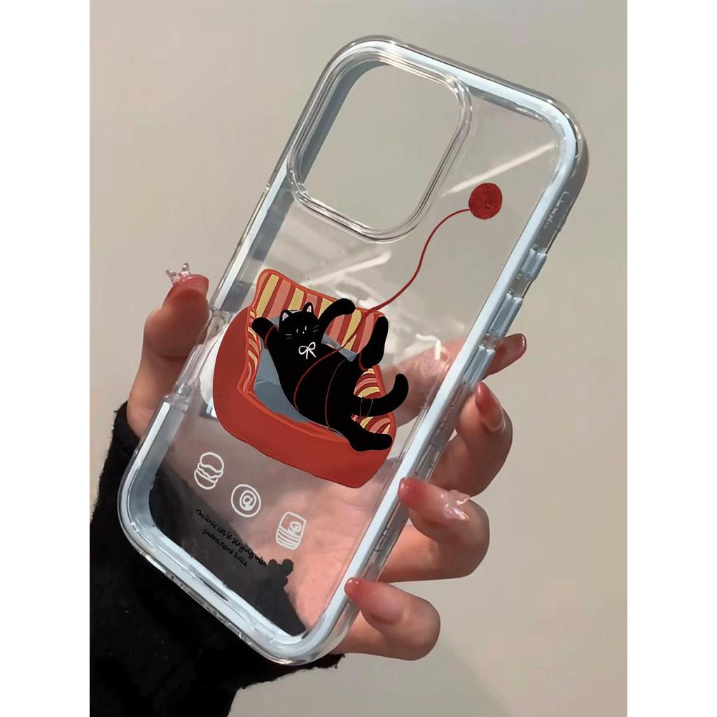 Ghế sofa đỏ nằm phẳng mèo đen cho 16 trường hợp iPhone 17Air 3 trong 1 bezel 14 13 11Pro