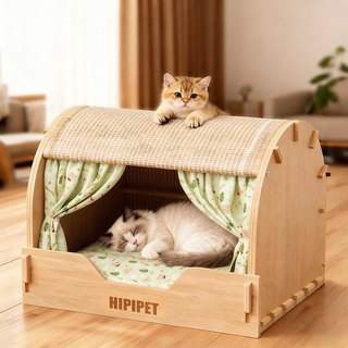 Hang Giường cho mèo với Thảm cào mèo Sisal tự nhiên, Nhà mèo khung gỗ nguyên khối có rèm và Thảm trải sàn cho mèo, Bảo vệ ghế và thảm