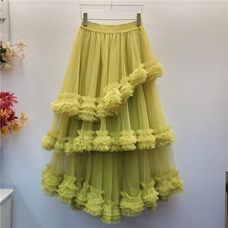 Nấm Cạnh Lớp Khâu Không Đều Lưới Váy Nữ Cao Cấp Co Giãn Eo Màu Sóng Hình Bánh Váy