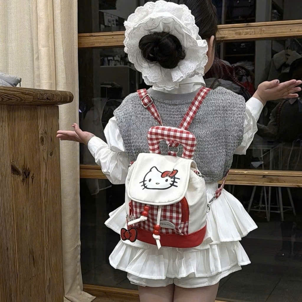 Ba Lô Hoạt Hình Hello Kitty Ba Lô Thời Trang Nữ Kẻ Sọc Đỏ Dây Rút
