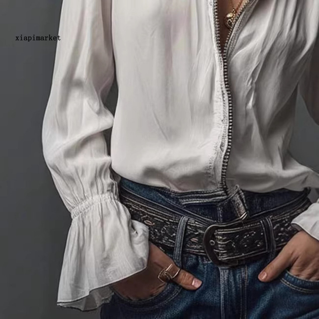 Áo sơ mi nữ thân thiện với da, cổ đứng dài tay - Style retro phù hợp đi đông nam
