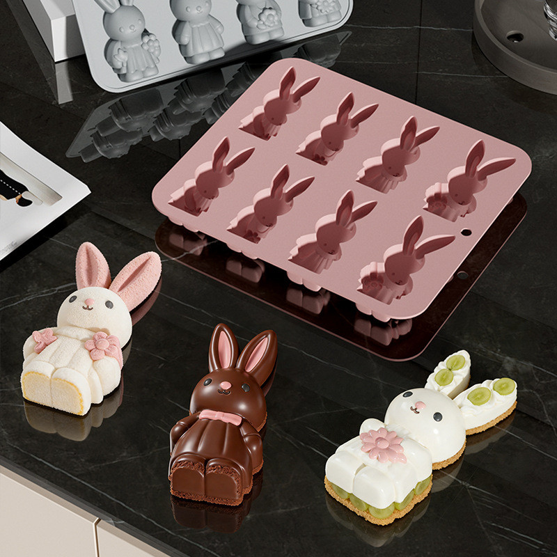 Khuôn silicon hình chú thỏ Phục sinh 8 khoang cho bánh mousse Pháp, bánh pudding, thạch, sô cô la, làm bánh DIY, thạch cao hương liệu và xà phòng thủ công