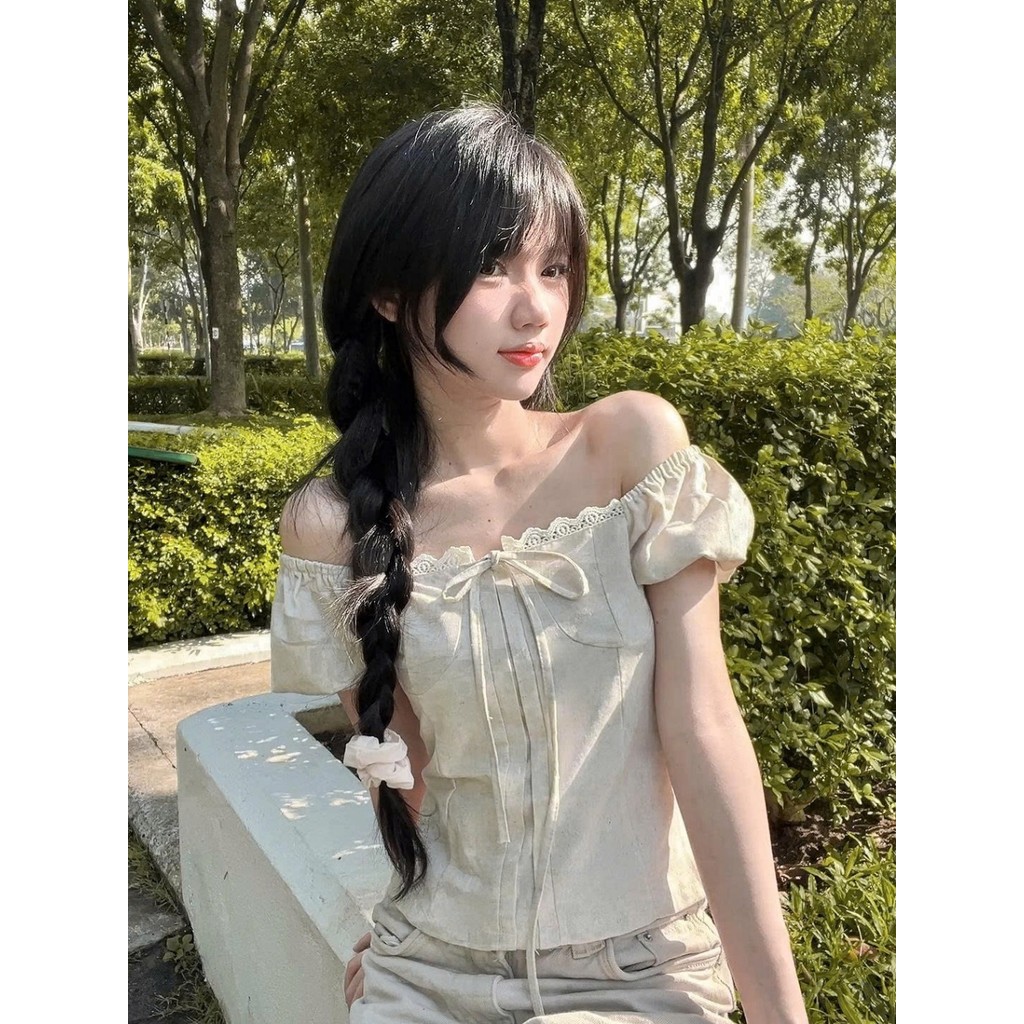 Áo babydoll nữ kiểu Linen rabtit tay phồng nơ ngực công chúa phong cách Kimee Ma55380