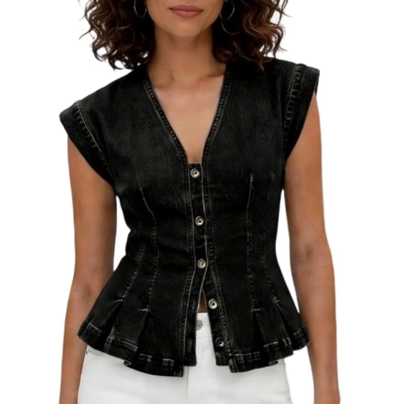 Women V Neck Jeans Pleated Vest Casual Slim Fit Short Sleeveless  Blue Black
