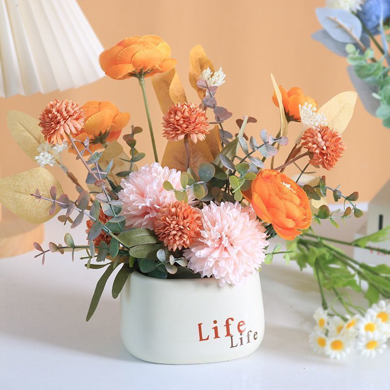 [Sẵn Sàng] Chậu Hoa Giả Trang Trí Để Bàn Mini Decor Phòng Khách Tủ Lạnh Phong Cách Hàn Quốc Chậu Hoa Thành Phẩm Kèm Bình Nhựa "Life" Cao Cấp