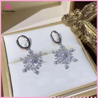 Eshylala - Bông tai hình bông tuyết zircon giả ngọc trai lấp lánh, thời trang cho nữ, quà tặng hoàn hảo cho tiệc Giáng sinh [MỚI]