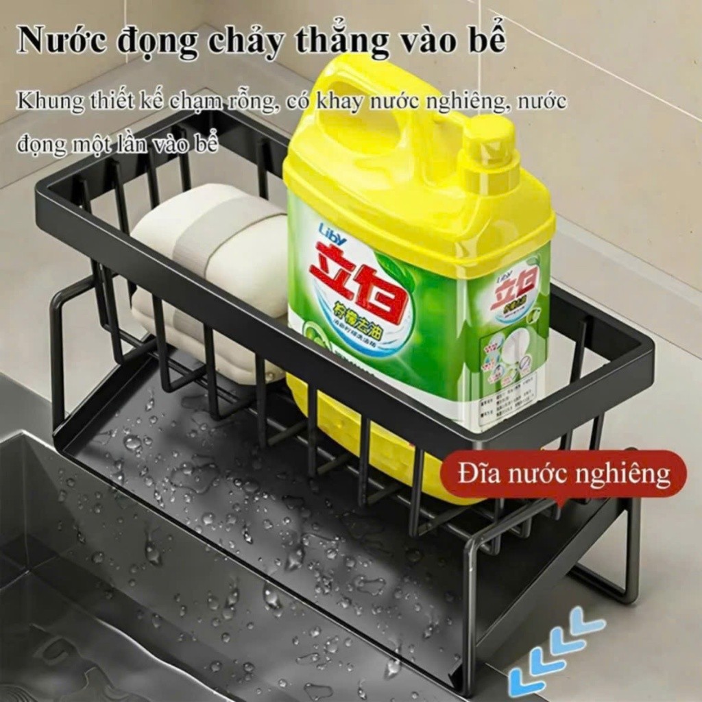 Kệ để đồ rửa chén bát, giỏ đựng đồ rửa bát chất liệu thép không gỉ tích hợp giá treo khăn tiện lợi cao cấp