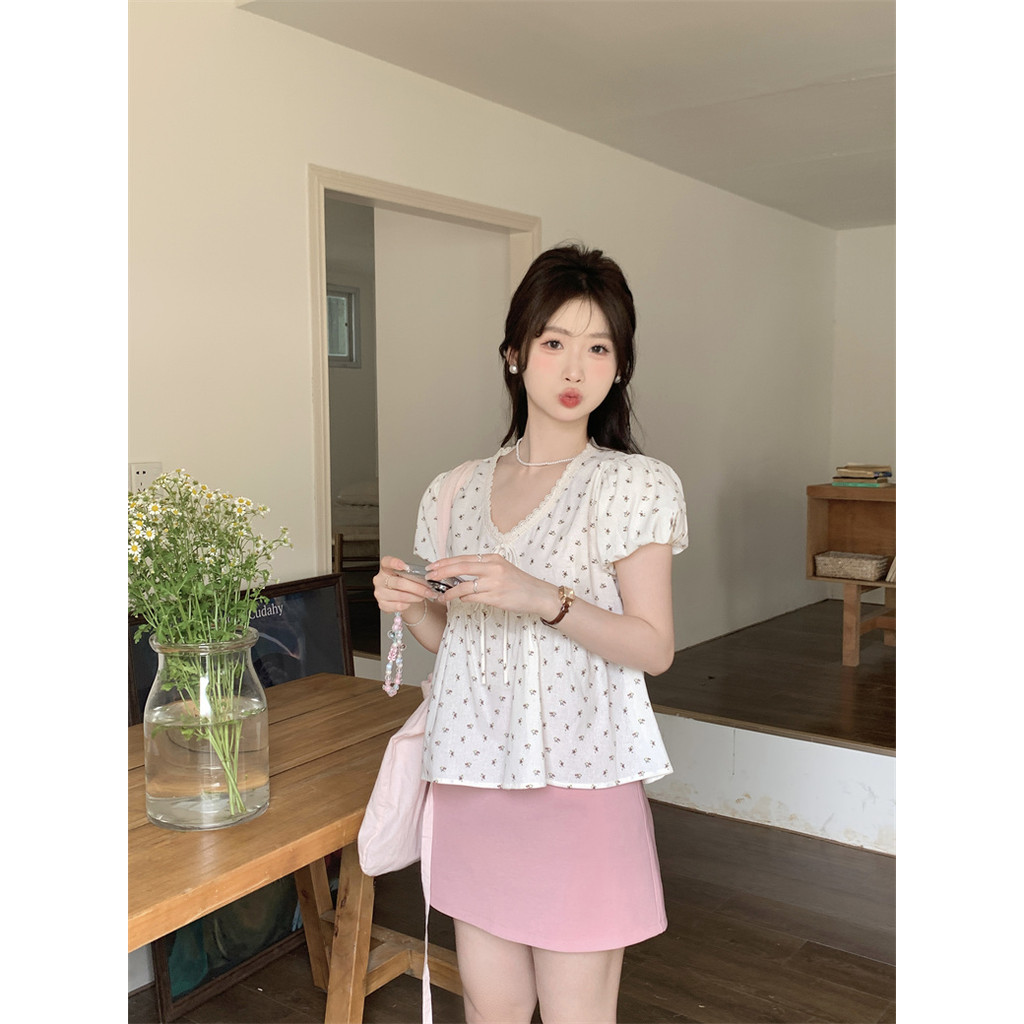 áo babydoll Cổ búp bê tay phồng cổ chữ V ren cổ điển