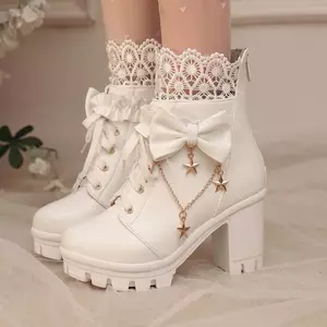 VNTMLH34-43 Kích Thước Lớn Ren Khâu Nơ Phía Trước Ren Ngón Chân Tròn Đế Dày Đế Dày Ống Ngắn Giày Bốt Thời Trang Gothic COS Dây Lưng Hiệu Suất