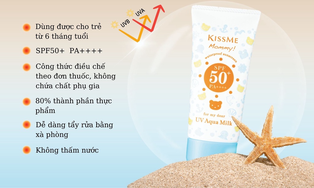 Mô tả Kem chống nắng trẻ em Kissme Mommy UV Aqua Milk dạng sữa dành cho da nhạy cảm như em bé SPF50 PA++++ 50G - 2