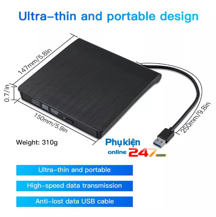 Ổ đọc ghi đĩa CD DVD rời gắn ngoài qua cổng USB 3.0 cho laptop, PC, máy ...