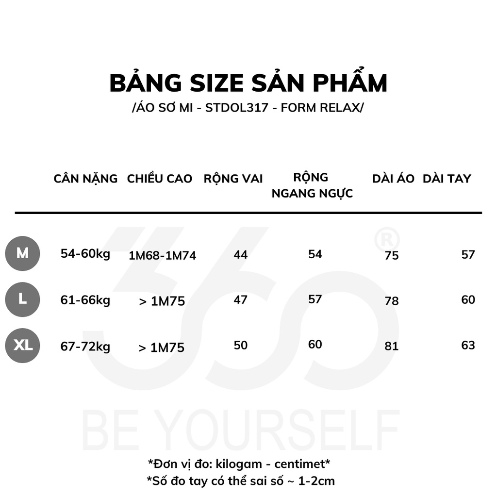 Bảng size áo sơ mi nhung tăm nam nữ 360 Boutique