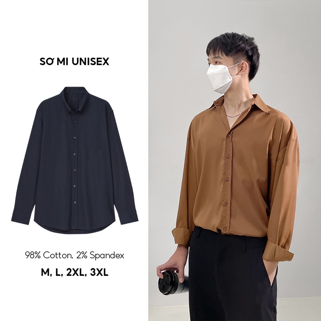 Mô tả Áo sơ mi nam nữ dài tay Unisex Basic màu trắng và đen sơ mi lụa mịn mát form rộng suông ELNIDO-ED03 - 3