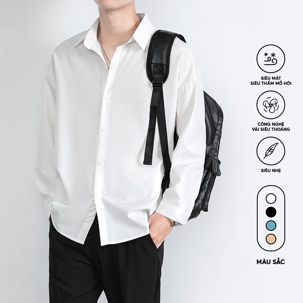 Mô tả Áo sơ mi nam nữ dài tay Unisex Basic màu trắng và đen sơ mi lụa mịn mát form rộng suông ELNIDO-ED03 - 1