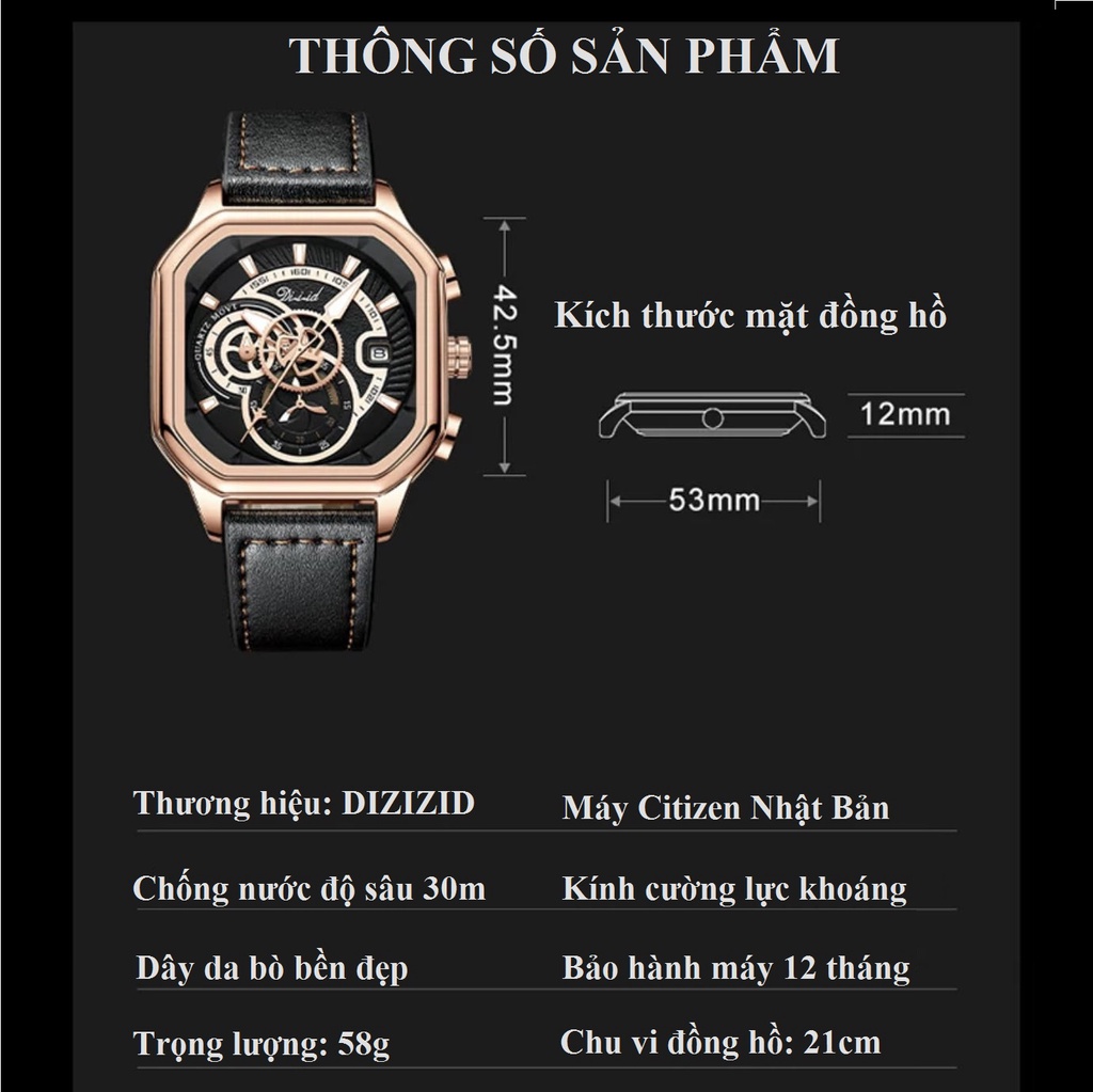 Mô tả Đồng hồ nam kiểu dáng thể thao DIZIZID chính hãng dây da có lịch ngày - Thiết kế hiện đại và cá tính DZS89 - 2