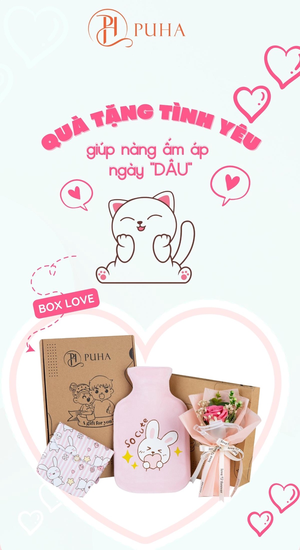 Mô tả Túi chườm nóng bụng kinh PUHA 1000ml phiên bản Love You hộp quà tặng bạn gái có hoa hồng sáp - 1