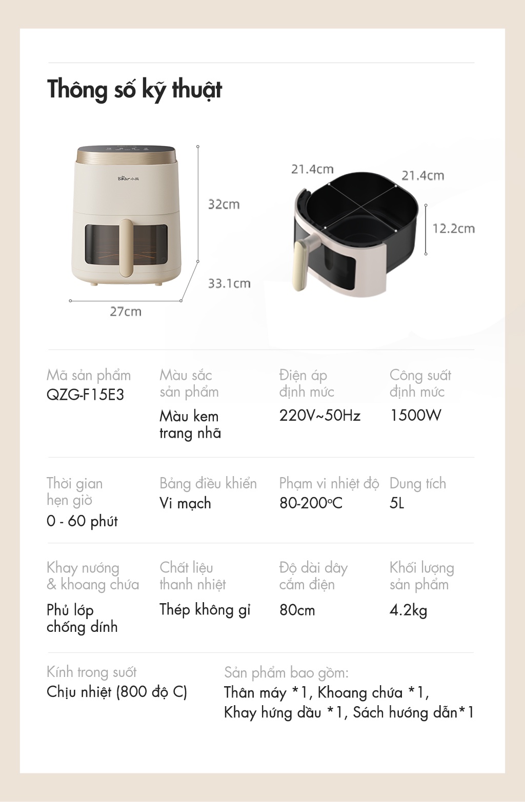 Mô tả Nồi chiên không dầu 5L Bear QZG-F15E3 - Hàng Chính Hãng - 10