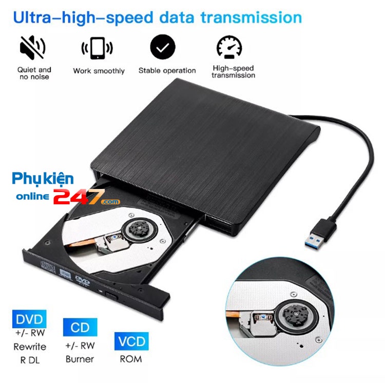 Ổ đọc ghi đĩa CD DVD rời gắn ngoài qua cổng USB 3.0 cho laptop, PC, máy ...