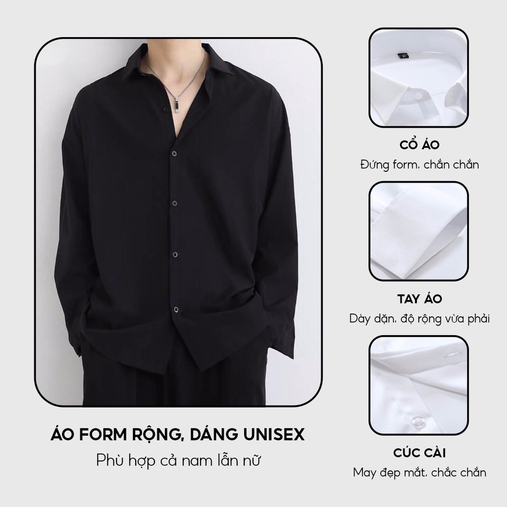 Mô tả Áo sơ mi nam nữ dài tay Unisex Basic màu trắng và đen sơ mi lụa mịn mát form rộng suông ELNIDO-ED03 - 2