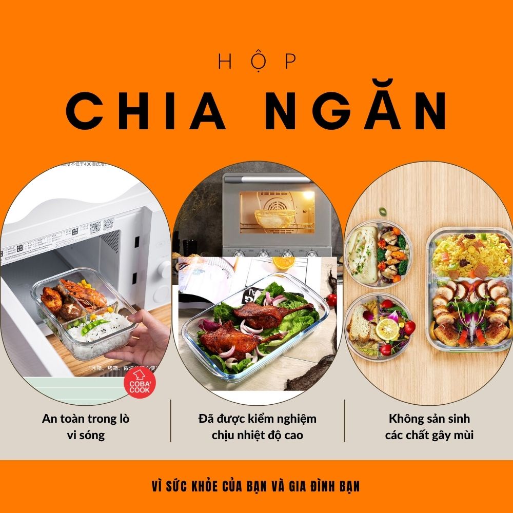 Mô tả Bộ Hộp Cơm Chia 3 Ngăn 1040ml Và Hộp Tròn 400ml Chống Tràn Chịu Nhiệt Kèm Túi COBACOOK- CCL1NR42BB - 4