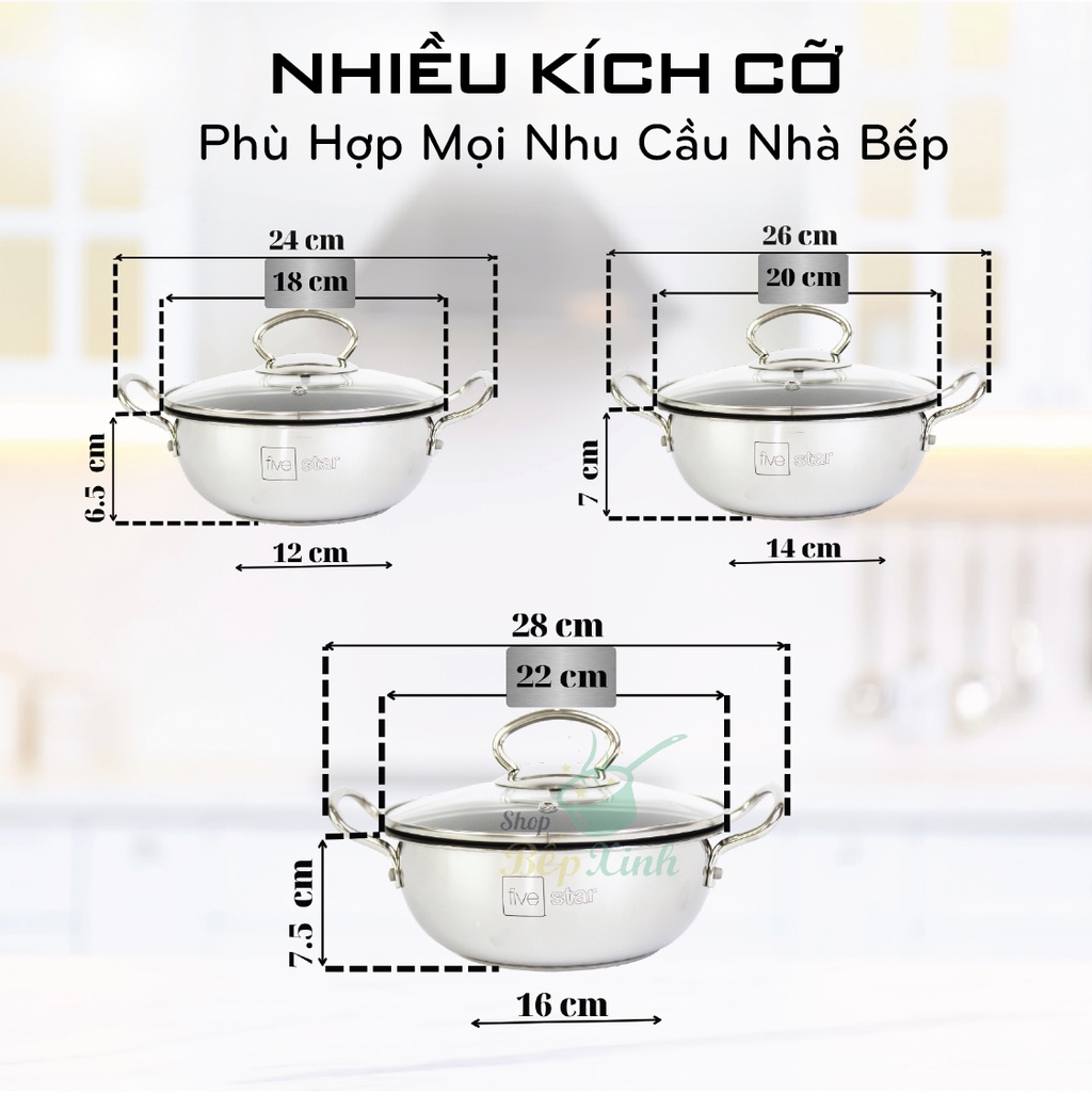 Mô tả Nồi chống dính FIVESTAR Standard inox 430 nắp kính ( 18cm / 20cm / 22cm ) , 3 đáy dùng được bếp từ , hồng ngoại , gas - 1