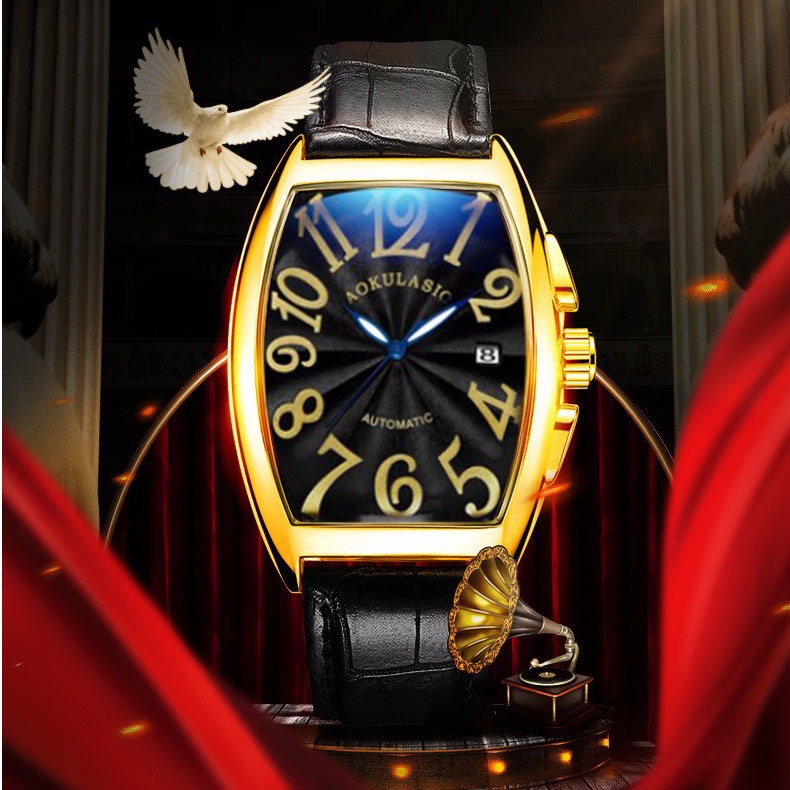 Mô tả Đồng hồ nam cơ tự động AOKULASIC Automatic dây da cao cấp thiết kế mặt chữ nhật vòm độc đáo AOK89 - 4