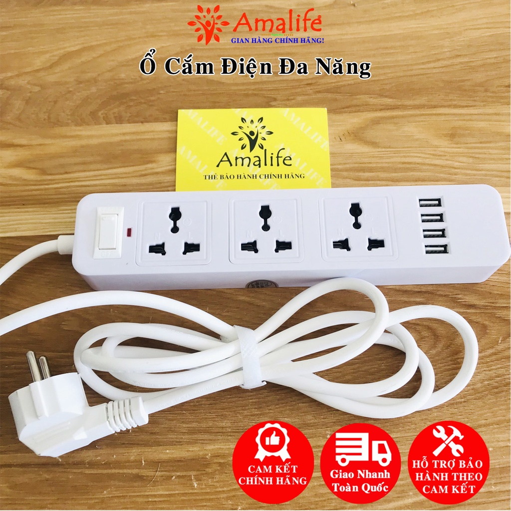 Mô tả Bộ Ổ Cắm Điện Đa Năng 3 Ổ Cắm Công Suất 2500W Và 4 Cổng USB Sạc Trực Tiếp 11W Dây 2 Mét Chính Hãng Amalife - 1