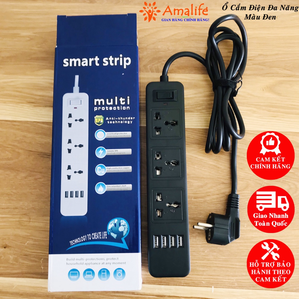 Mô tả [Màu ĐEN] Bộ Ổ Cắm Điện Đa Năng 3 Ổ Cắm Công Suất 2500W Và 4 Cổng USB Sạc Trực Tiếp 11W Dây 2 Mét Chính Hãng Amalife - 1