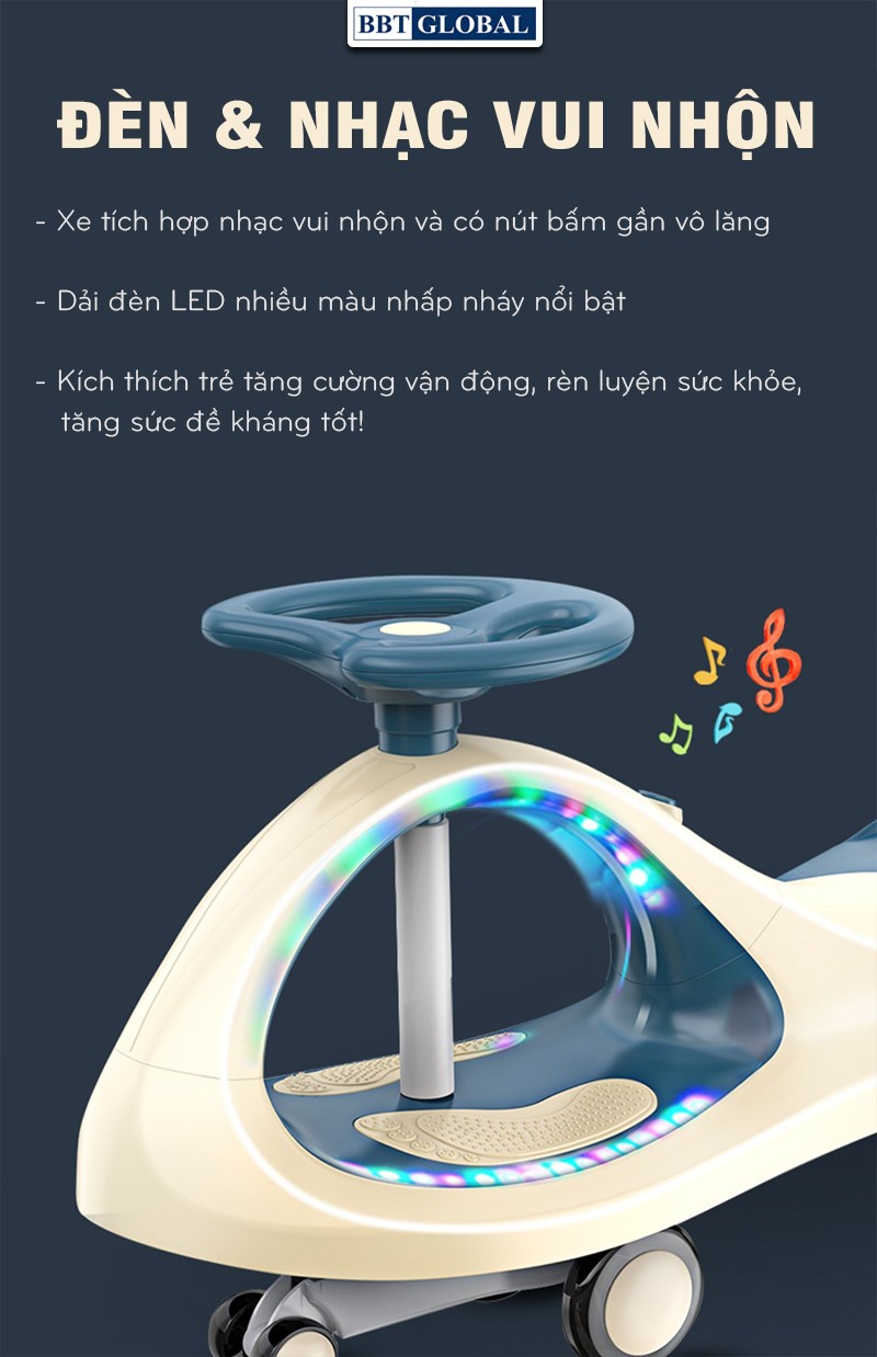 Mô tả Xe lắc cao cấp bánh cao su, có đèn và nhạc BBT GLOBAL SW004 - 3
