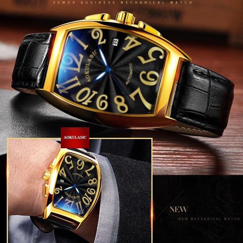 Mô tả Đồng hồ nam cơ tự động AOKULASIC Automatic dây da cao cấp thiết kế mặt chữ nhật vòm độc đáo AOK89 - 2
