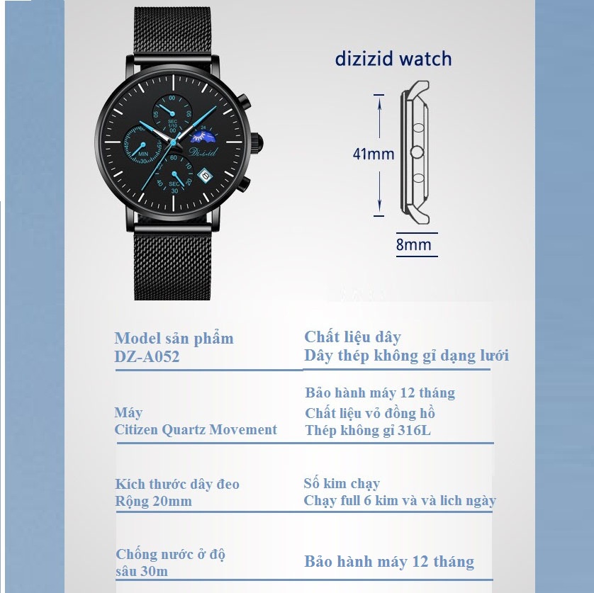 Mô tả Đồng hồ nam cao cáp DIZIZID chính hãng dây thép mành đen chạy lịch ngày - Thiết kế cá tính DZTD9 - 4