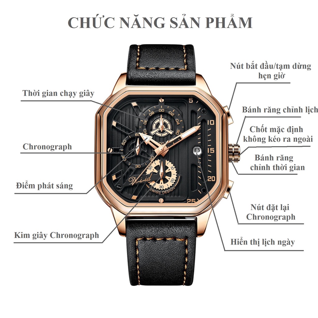Mô tả Đồng hồ nam DIZIZID chính hãng dây da chạy full kim và lịch ngày - Thiết kế thể thao khỏe khoắn - Mặt vuông lịch lãm DZ9 - 9