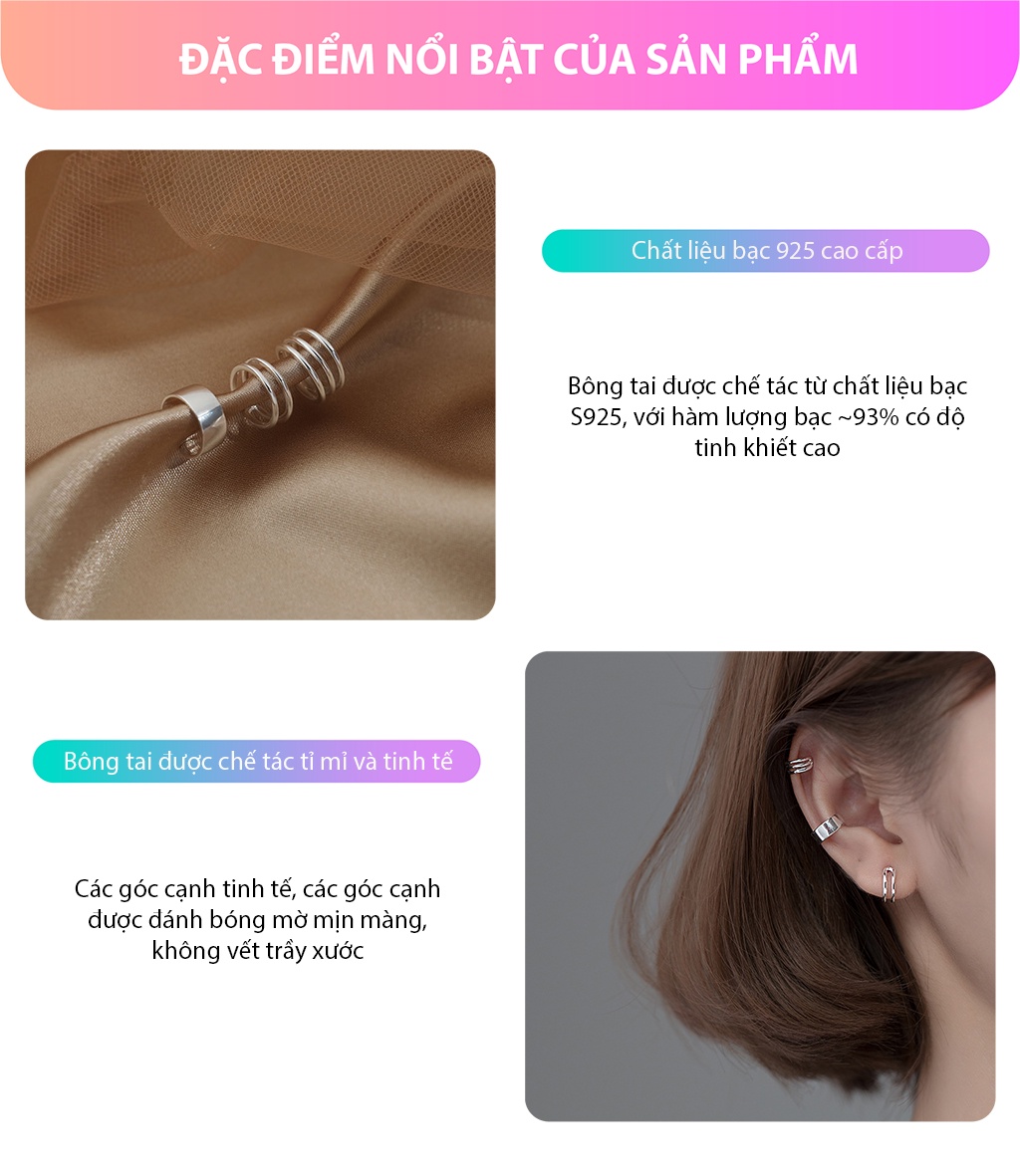 Mô tả Khuyên tai kẹp vành cá tính Miêu Bạc bông tai bạc nữ trơn basic chất liệu bạc S925 thời trang phụ kiện trang sức B400359 - 3