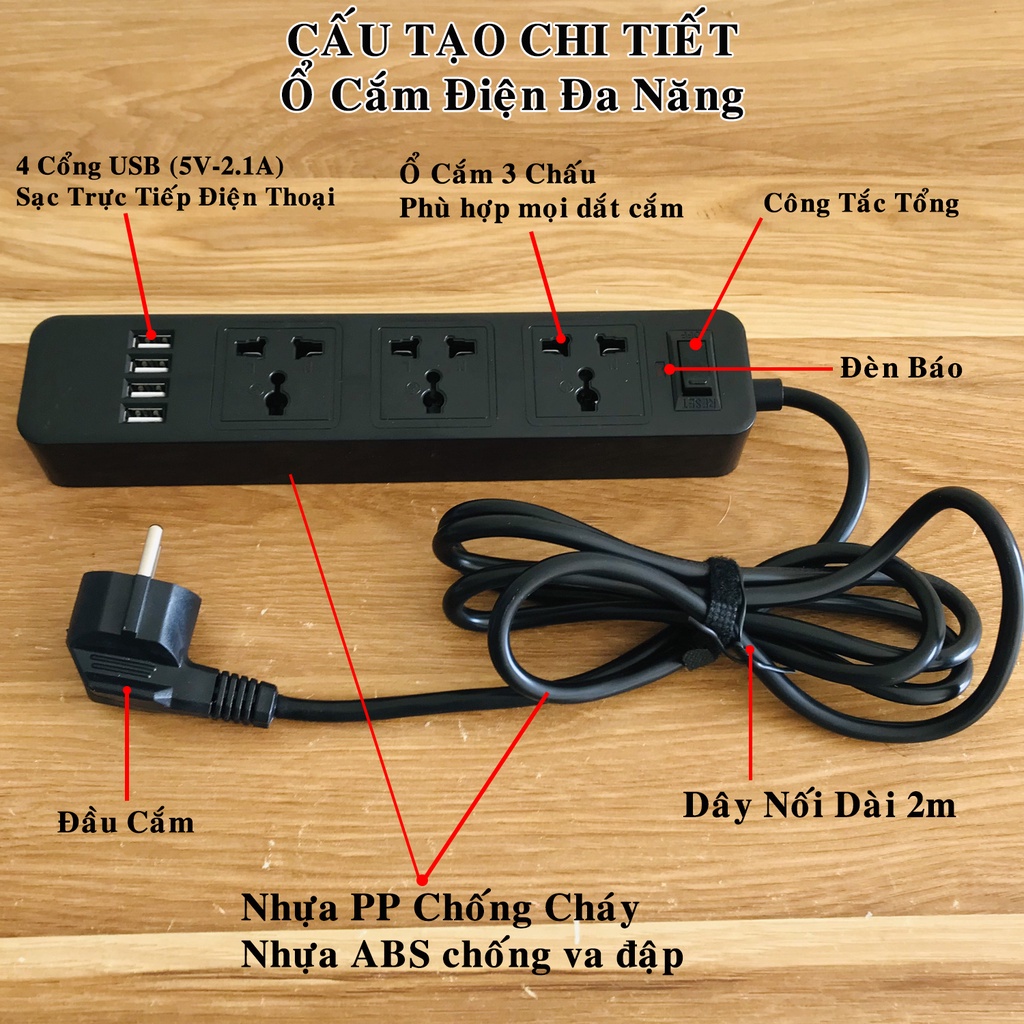 Mô tả [Màu ĐEN] Bộ Ổ Cắm Điện Đa Năng 3 Ổ Cắm Công Suất 2500W Và 4 Cổng USB Sạc Trực Tiếp 11W Dây 2 Mét Chính Hãng Amalife - 2