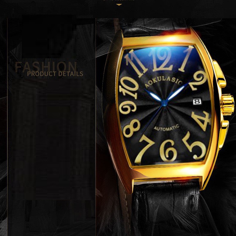 Mô tả Đồng hồ nam cơ tự động AOKULASIC Automatic dây da cao cấp thiết kế mặt chữ nhật vòm độc đáo AOK89 - 5