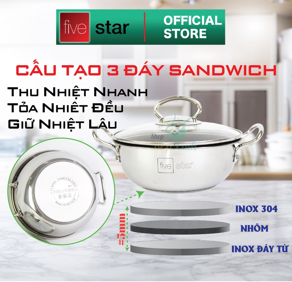 Mô tả Nồi chống dính FIVESTAR Standard inox 430 nắp kính ( 18cm / 20cm / 22cm ) , 3 đáy dùng được bếp từ , hồng ngoại , gas - 2