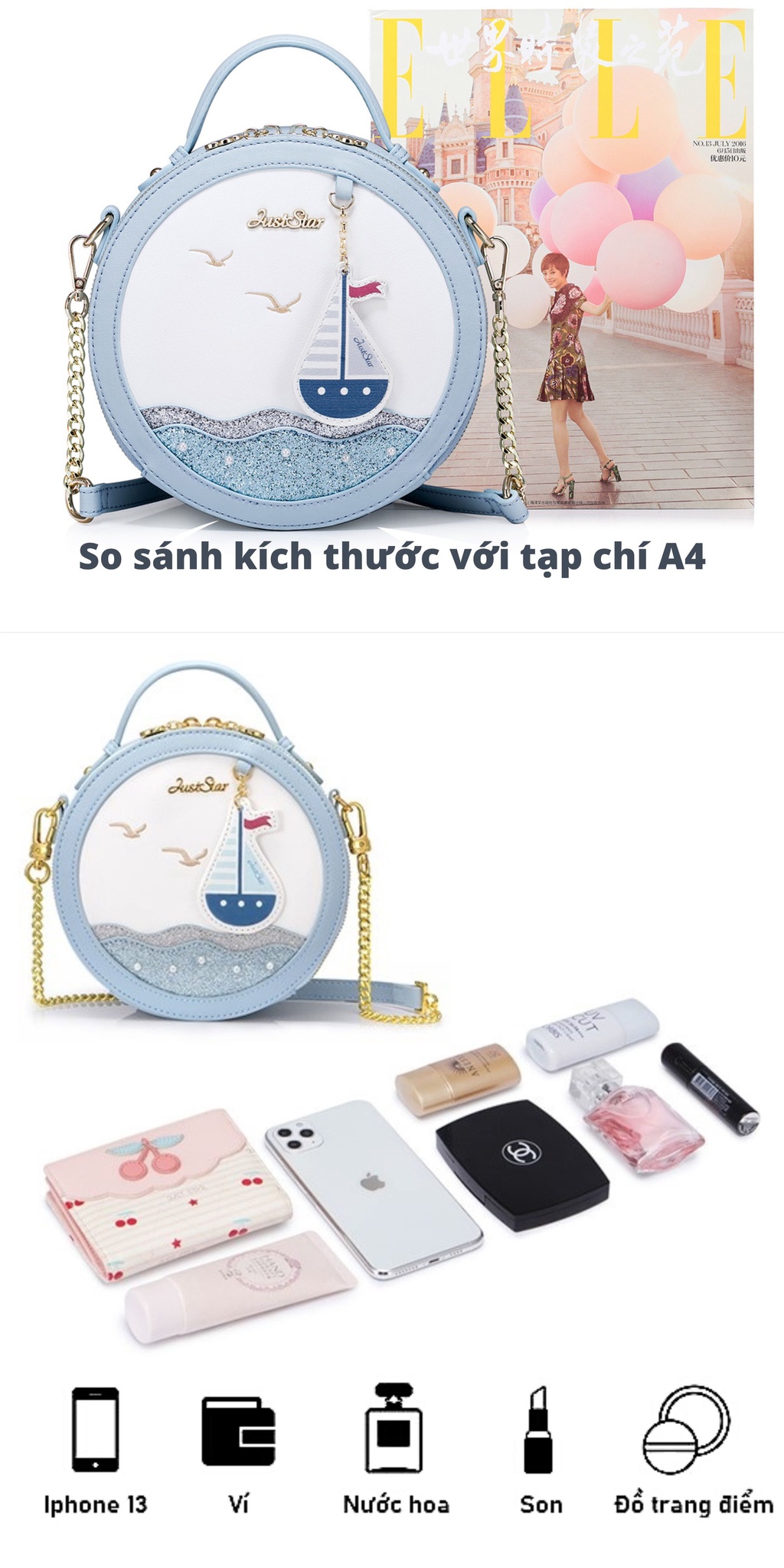 Mô tả Túi phom tròn đẹp dễ thương cute Just Star thuyền và biển ViAnh Store 171277 - 3