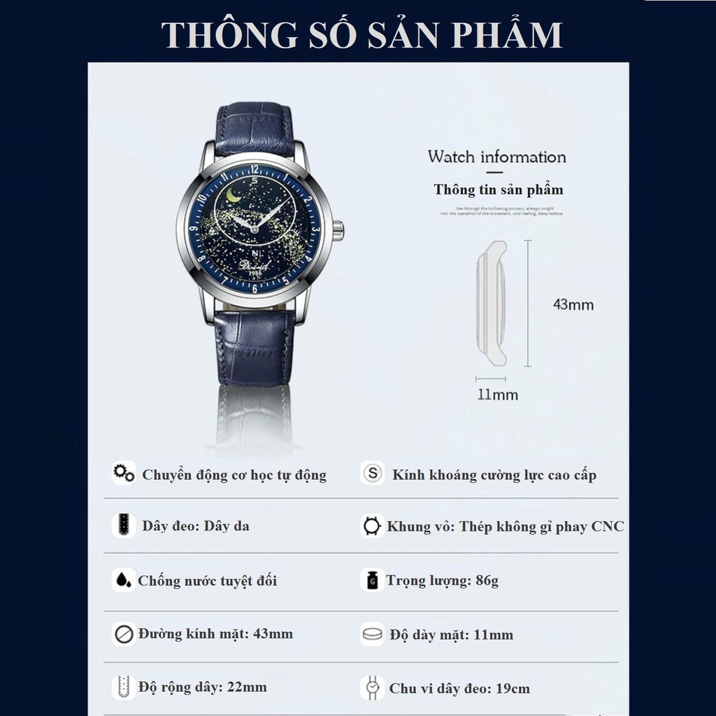 Mô tả Đồng hồ nam cơ tự động DIZIZID Automatic chính hãng chống nước 30m, dây da cao cấp - Thiết kế dải ngân hà chuyển động - 6
