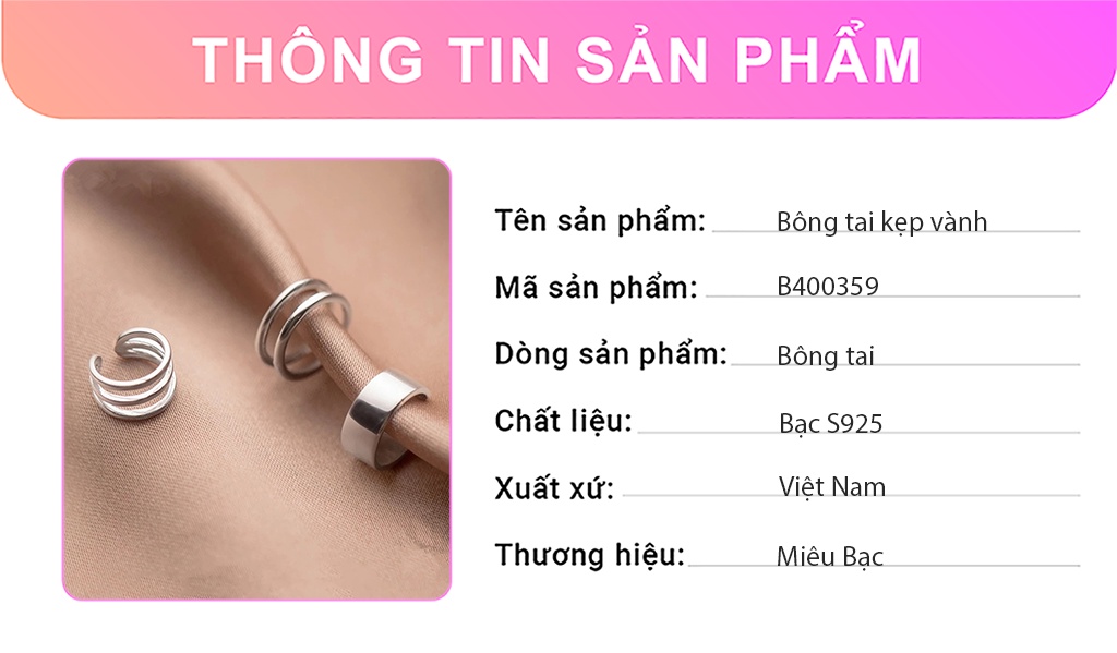 Mô tả Khuyên tai kẹp vành cá tính Miêu Bạc bông tai bạc nữ trơn basic chất liệu bạc S925 thời trang phụ kiện trang sức B400359 - 2