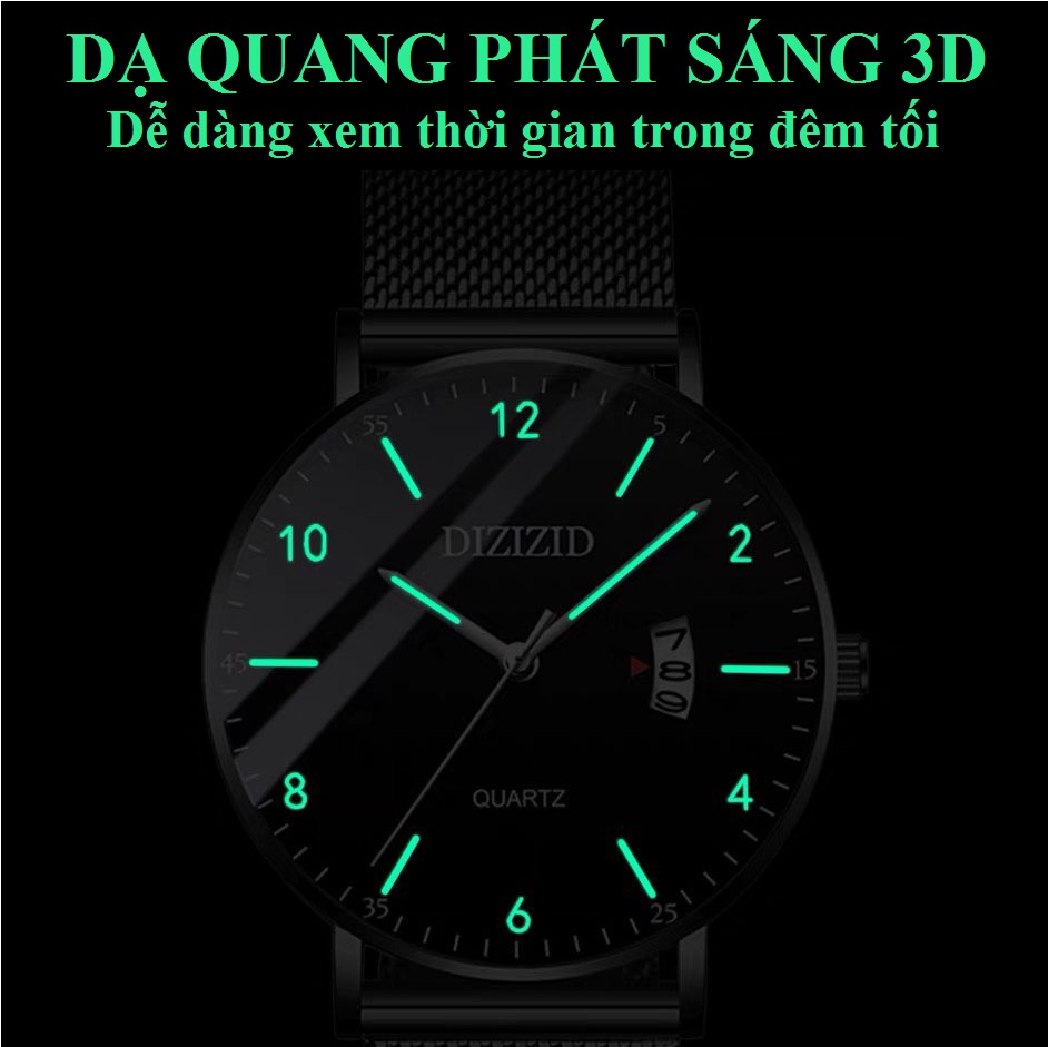 Mô tả Đồng hồ nam cao cấp DIZIZID, chống nước sâu 30m dây thép lụa đen mặt mỏng chạy lịch ngày tiện lợi, Thiết kế lịch lãm DZ3 - 6