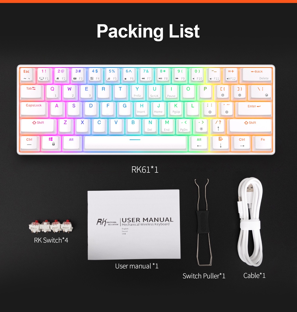 Mô tả Bàn Phím Cơ rk61 kludge bluetooth 3.0 & usb c Hai Chế Độ Chiếu Đèn Led rgb - 8