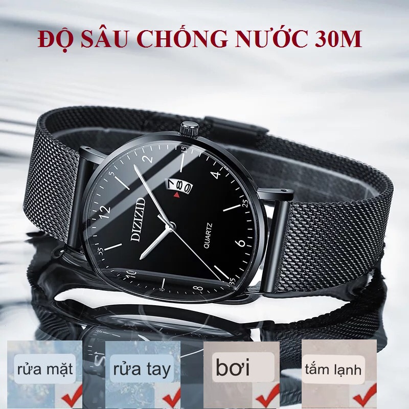 Mô tả Đồng hồ nam cao cấp DIZIZID, chống nước sâu 30m dây thép lụa đen mặt mỏng chạy lịch ngày tiện lợi, Thiết kế lịch lãm DZ3 - 5