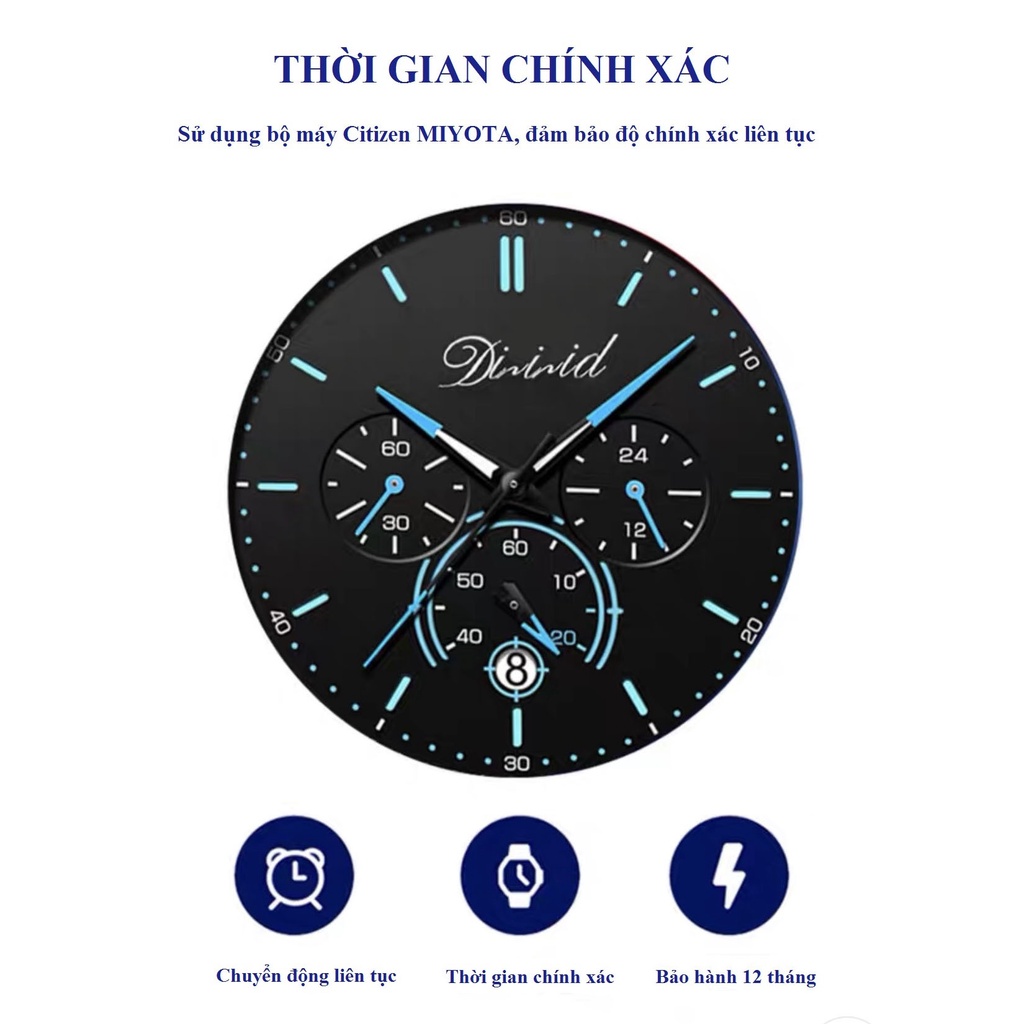 Mô tả Đồng hồ nam cao cấp DIZIZID chính hãng - Chống nước độ sâu 30m - chạy Full kim và lịch ngày  - Dây thép lụa cao cấp - 6
