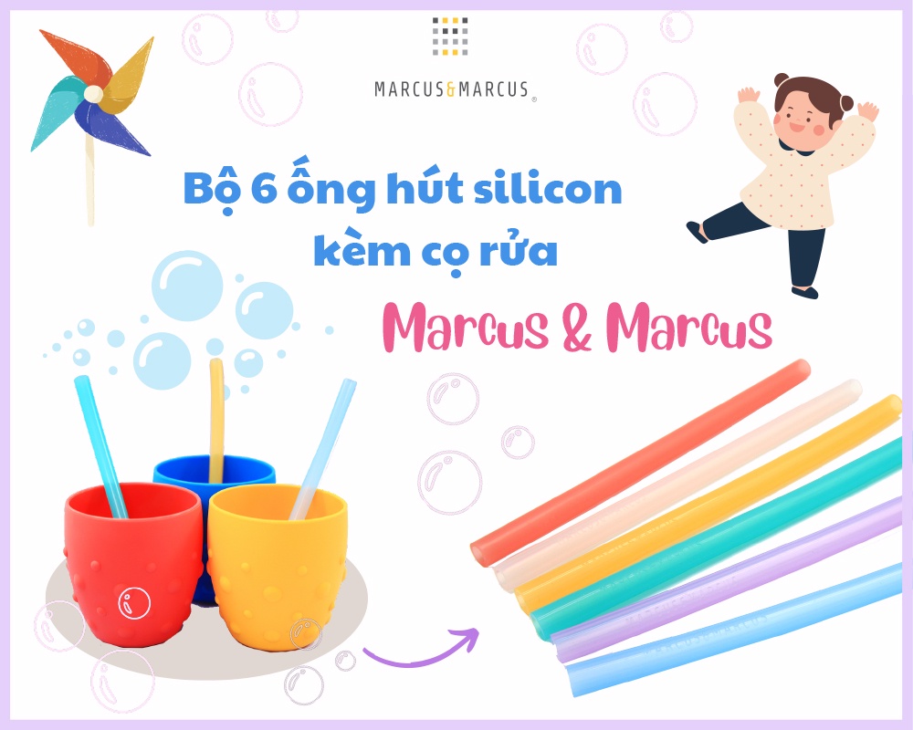 Mô tả Bộ 6 ống hút silicon kèm cọ rửa Marcus & Marcus, từ 3 tuổi - 1
