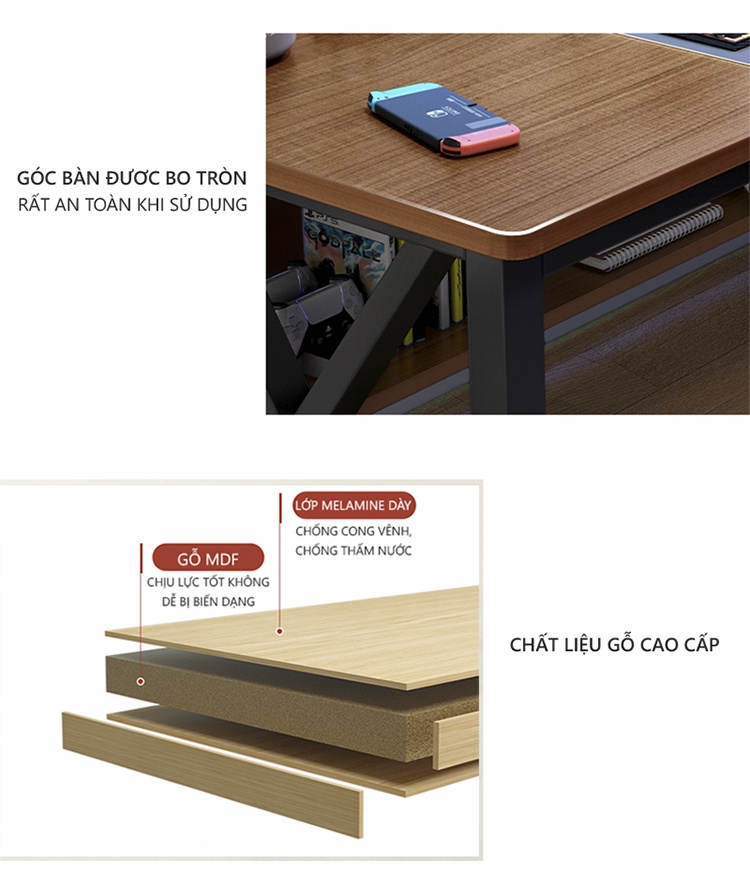 Mô tả Bàn gaming, bàn làm việc có kệ để đồ khung thép mặt gỗ mdf phủ melamin thương hiệu IGA - Gm68 - 10