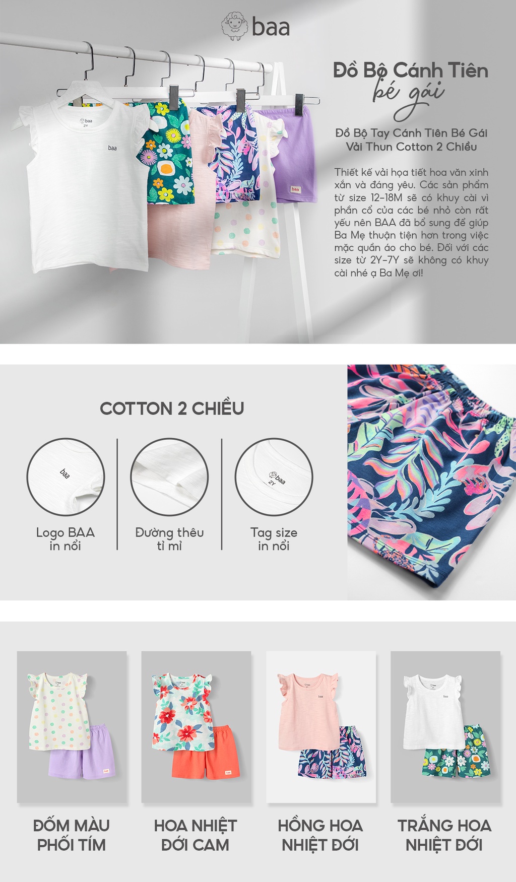 Mô tả Set Đồ Bé Gái Tay Cánh Tiên Cotton In Họa Tiết (1-10 Tuổi)  BaaBaby DB04N - 2